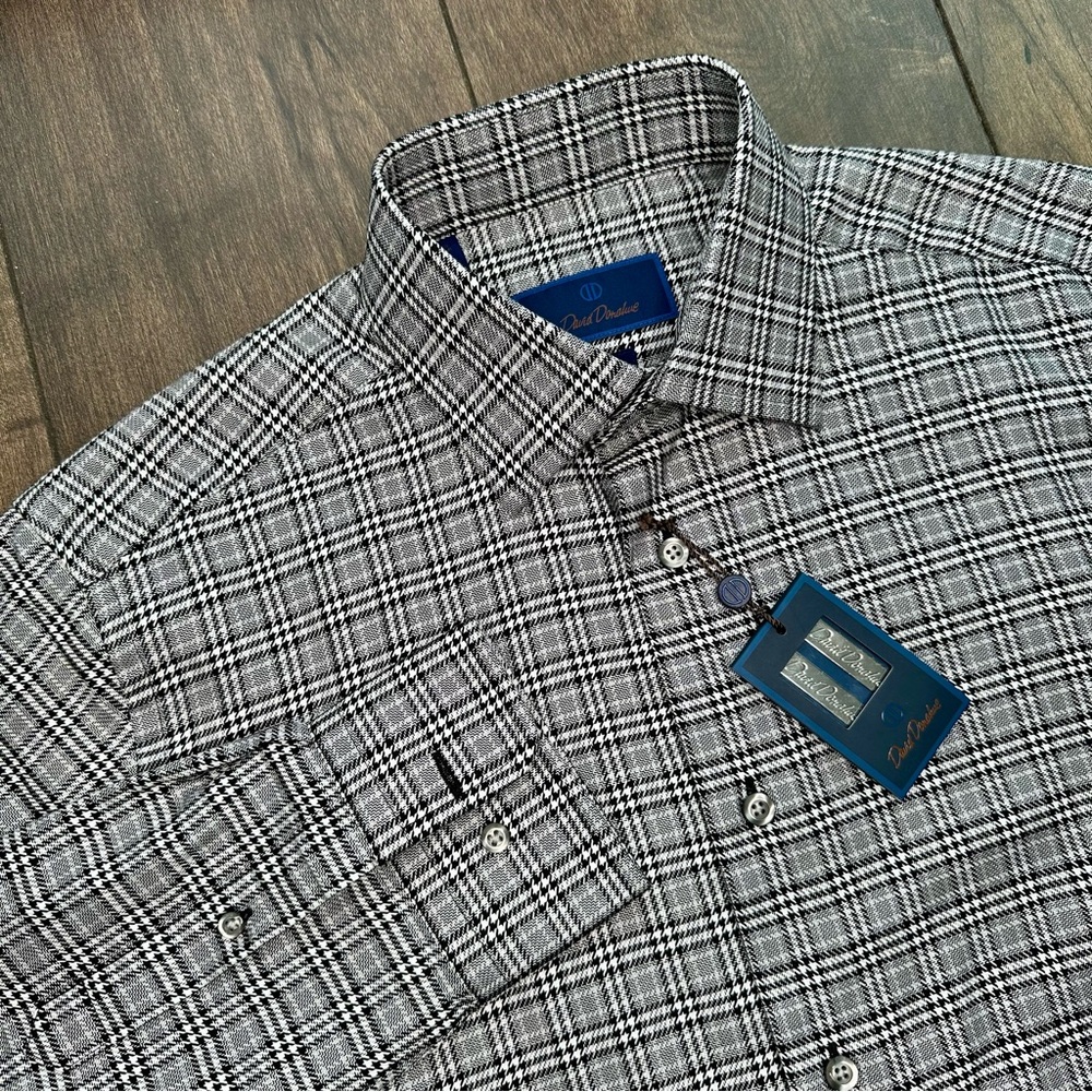 David Donahue NWT Trim Fit Glen Check Cotton Dress Shirt - Size: 15.5 34/35